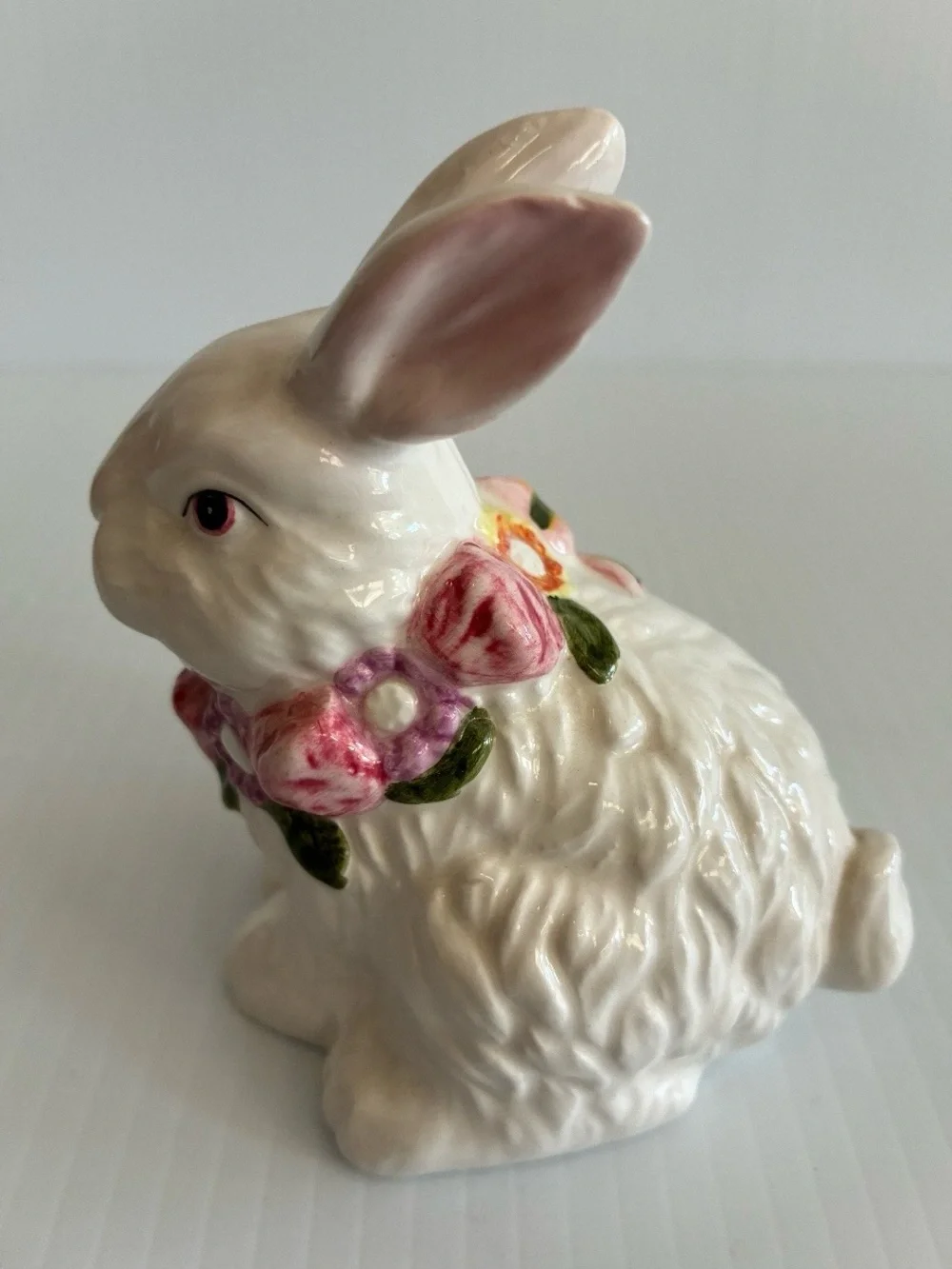 Y2K White Ceramic Bunny Pink Bow Floral Sitting Small Figurine Farmhouse Cottage